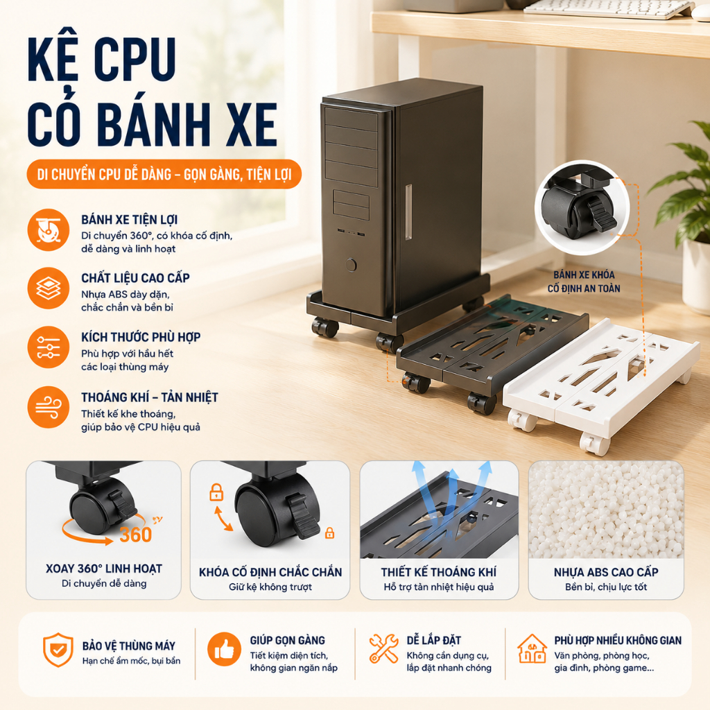 Kệ Để CPU, Kệ bánh xe di chuyển CPU, Chất Liệu Khung Nhựa cứng thanh co kéo Inox Tiện Dụng - DOCHOIT
