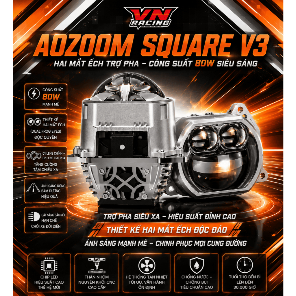 Đèn Bi LED AOZOOM SQUARE V3 Hai Mắt Ếch Trợ Pha 80W Chính Hãng Ánh Sáng Mạnh Hiệu Suất Cao BH 3 Năm