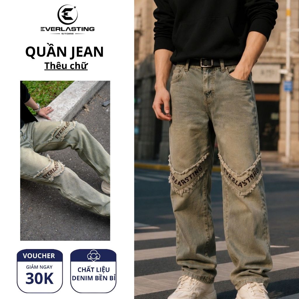 Quần jean nam ống suông thêu ngang gối form rộng baggy phong cách streetwear, quần bò nam ống đứng