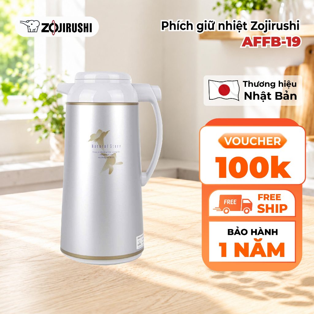 Phích giữ nhiệt Zojirushi AFFB-19-SF 1.85L - Bạc, Thủy tinh (ruột bình), Nhựa cao cấp (vỏ)