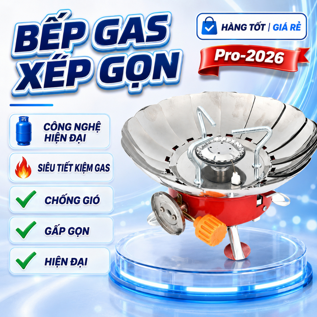 Bếp Ga Xếp Gọn Du Lịch Có Chắn Gió, Bếp Ga Mini Chống Gió, Gấp Gọn Tiện Dụng Cho Giã Ngoại Du Lịch