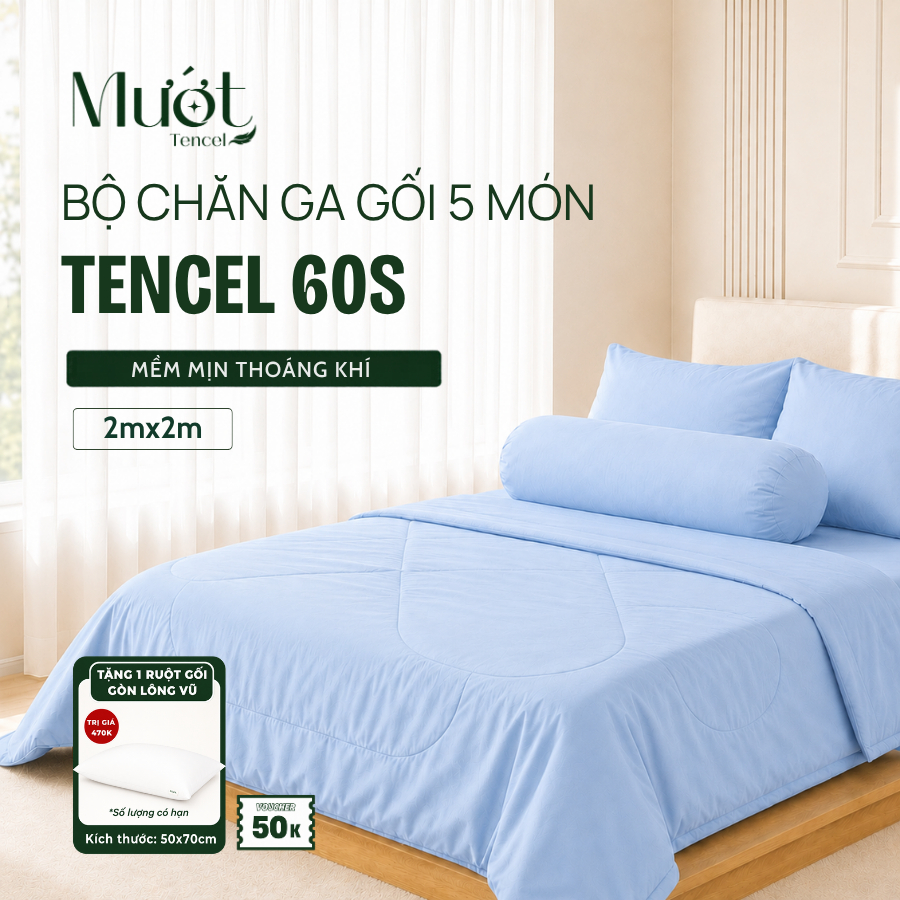 Bộ Chăn Ga Gối Tencel 5 Món Mướt Tencel Chăn Chần Ga Giường 2mx2m Vỏ Gối Nắp Lồng Mềm Mại Thoáng Khí