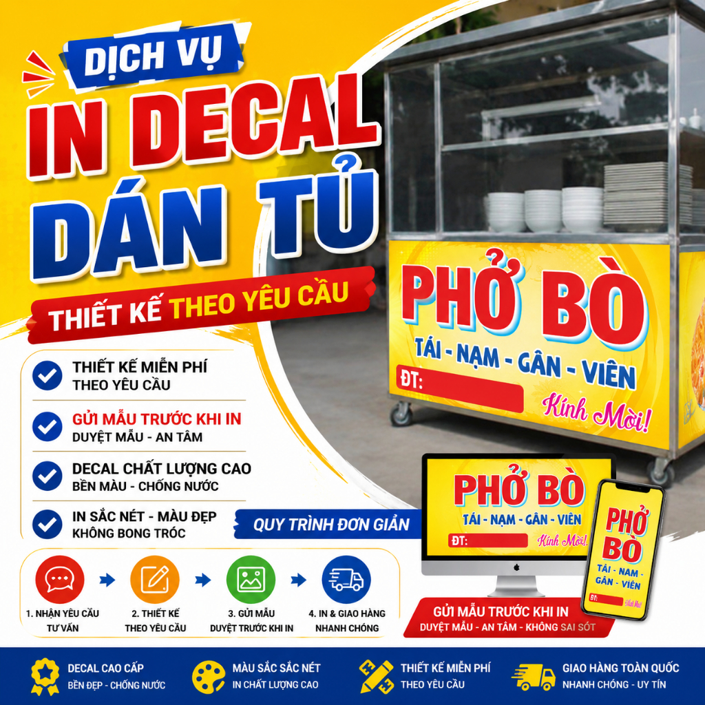 In Decal Dán Tủ Quán Phở, Hủ Tiếu, Bún Bò Theo Yêu Cầu