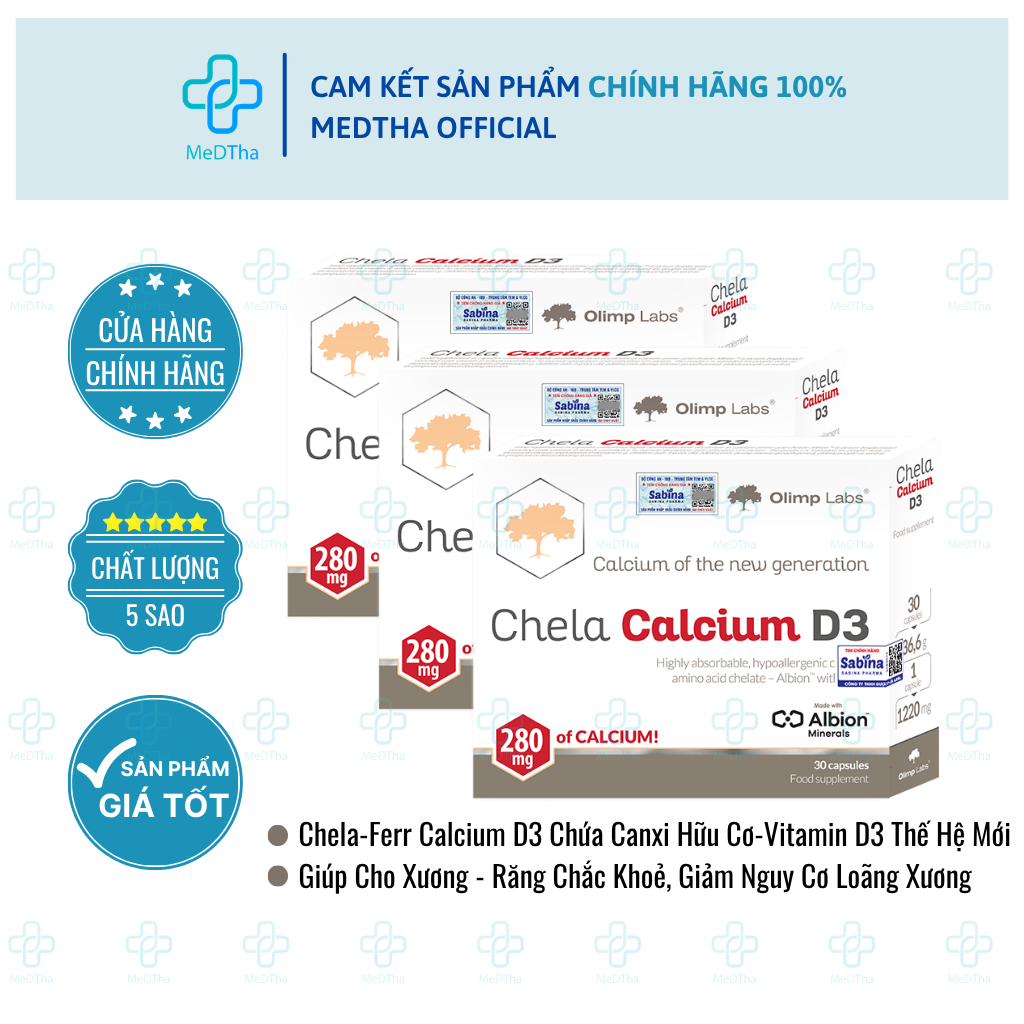 [COMBO 3 HỘP] Viên Uống Bổ Sung Canxi Hữu Cơ, Vitamin D3 Olimp Labs Chela-Calcium D3 Sabina