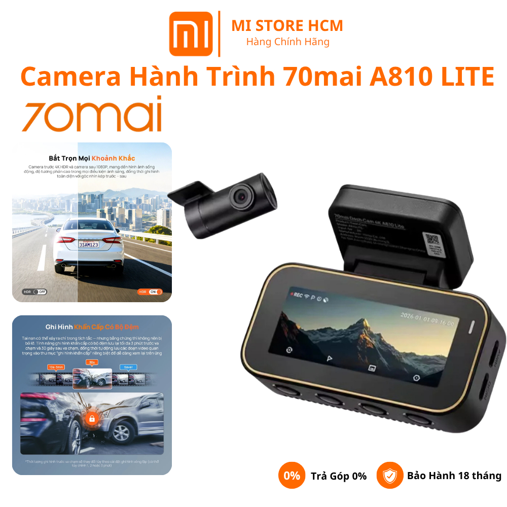 Camera Hành Trình 70mai A810 Lite 4K, Ghi Hình Trước Sau, GPS, Điều Khiển Giọng Nói, Siêu Nét