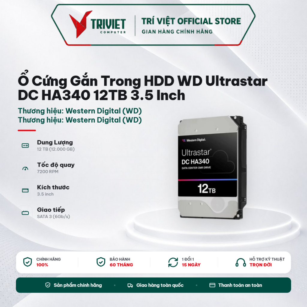 Ổ Cứng Gắn Trong HDD WD Ultrastar DC HA340 12TB 3.5 Inch SATA III 7200RPM 512MB Cache Enterprise Ser