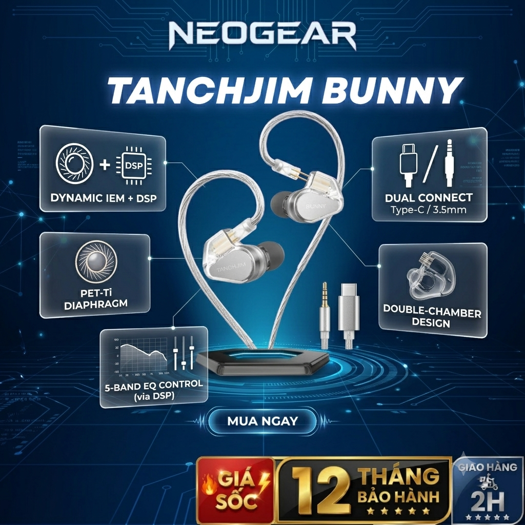 🎧Tai Nghe In-Ear TANCHJIM Bunny Dynamic IEM + DSP Type-C/3.5mm: PET-Ti, Double-Chamber, 5-Band EQ