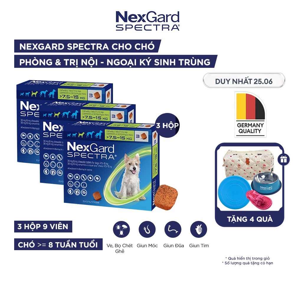 [FREE QUÀ TẶNG] [Combo 03 hộp 9 viên] NexGard SPECTRA Viên nhai mềm phòng nội,ngoại ký sinh cho Chó