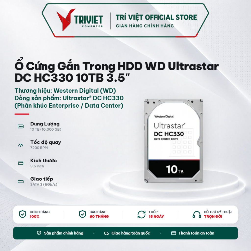 Ổ Cứng Gắn Trong HDD WD Ultrastar DC HC330 10TB 3.5" SATA III 7200rpm Enterprise Doanh Nghiệp (WUS72