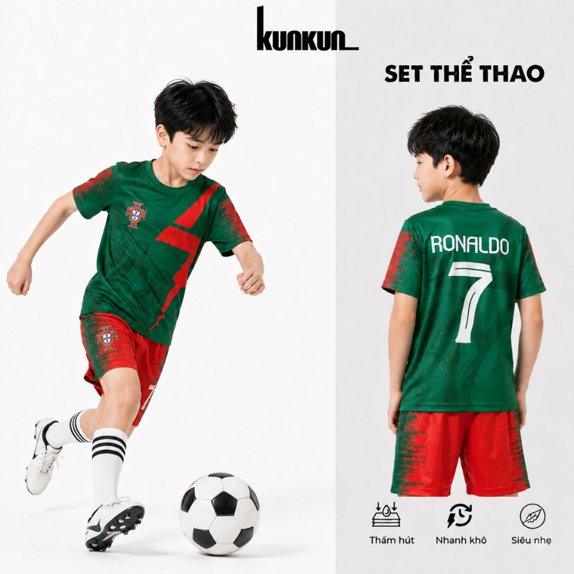 Đồ bộ thể thao bé trai in 3D Cầu Thủ số 07 màu đỏ xanh lá - Đá banh TP1294 - KunKun Kids