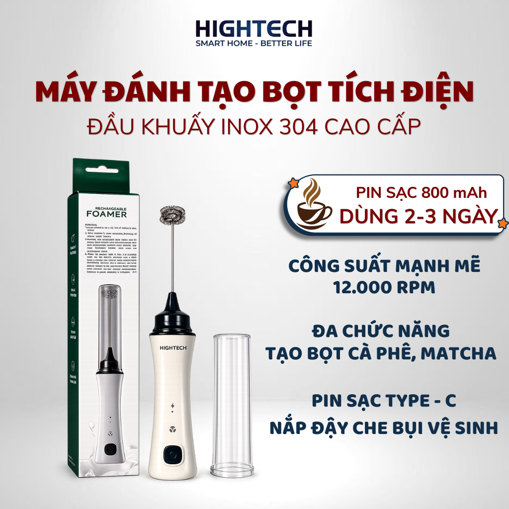Máy Đánh Trứng , Đánh Bọt Cà Phê , Khuấy Sữa Mini Cầm Tay HIGHTECH HT-CL13 (12.000 RPM - 800 mAh) - 