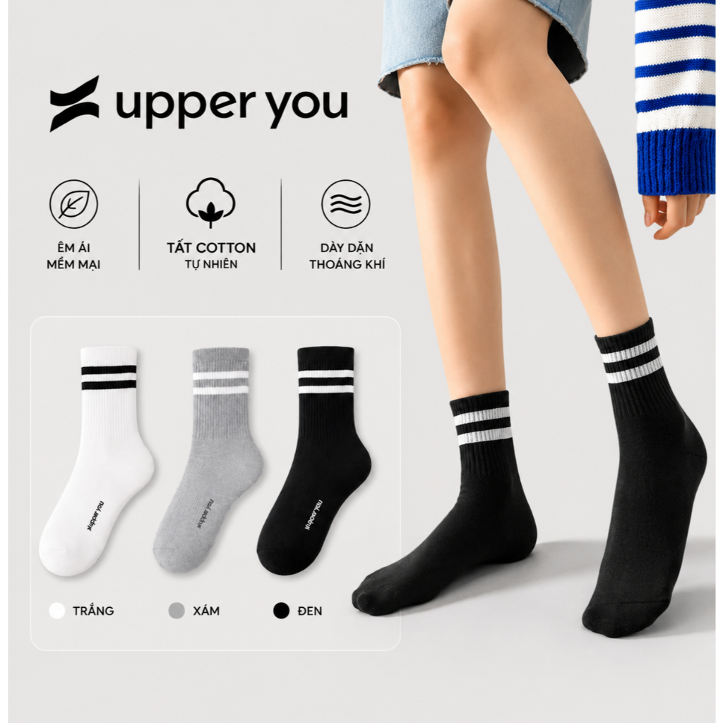 [Combo 3] Tất Vớ Cotton Nam Nữ UPPER YOU Cổ Trung Xám Trơn Êm Ái Dày Dặn - MIX GÂN XÁM