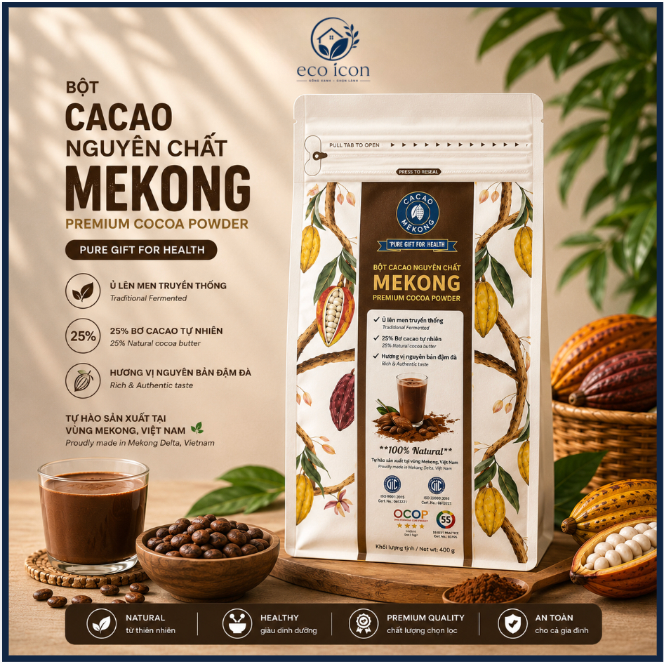 [25.06] Bột Cacao MEKONG Nguyên Chất 25% bơ cacao làm chocolate socola | Không Kiềm Hóa, Ủ Gỗ, Siêu 