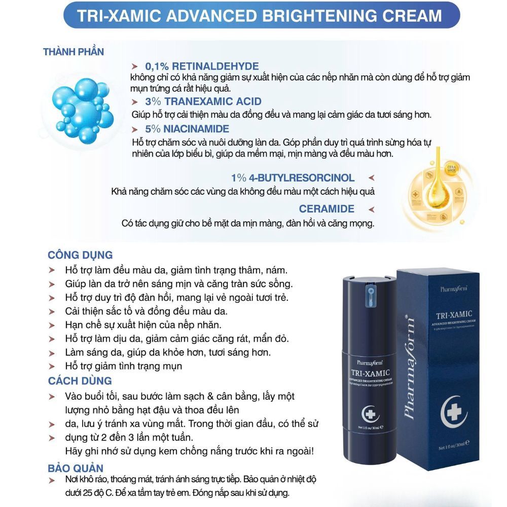 Ảnh 3 của Kem dưỡng Pharmaform Tri-xamic, Spot Brightening cream giảm thâm nám, làm sáng da chuyên sâu 30ml