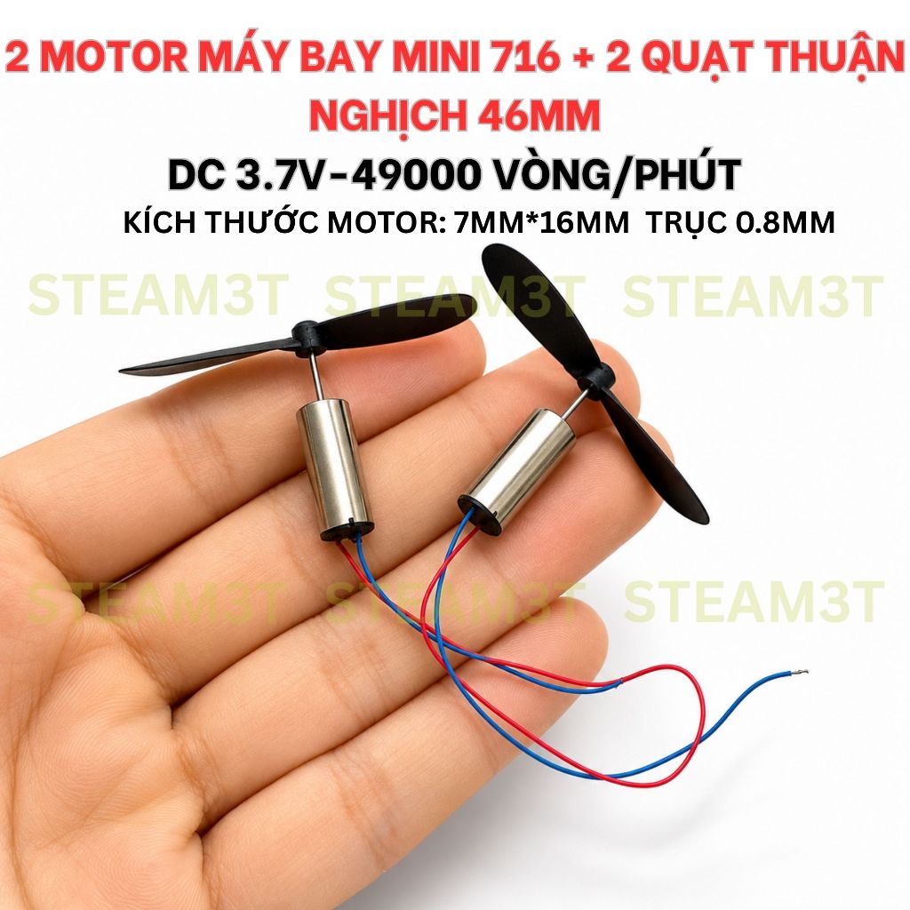 Bộ 2 motor máy bay 716 siêu nhỏ + 2 cánh quạt 46mm, motor coreless, 3.7V tốc độ cao 49000 vòng - LK0