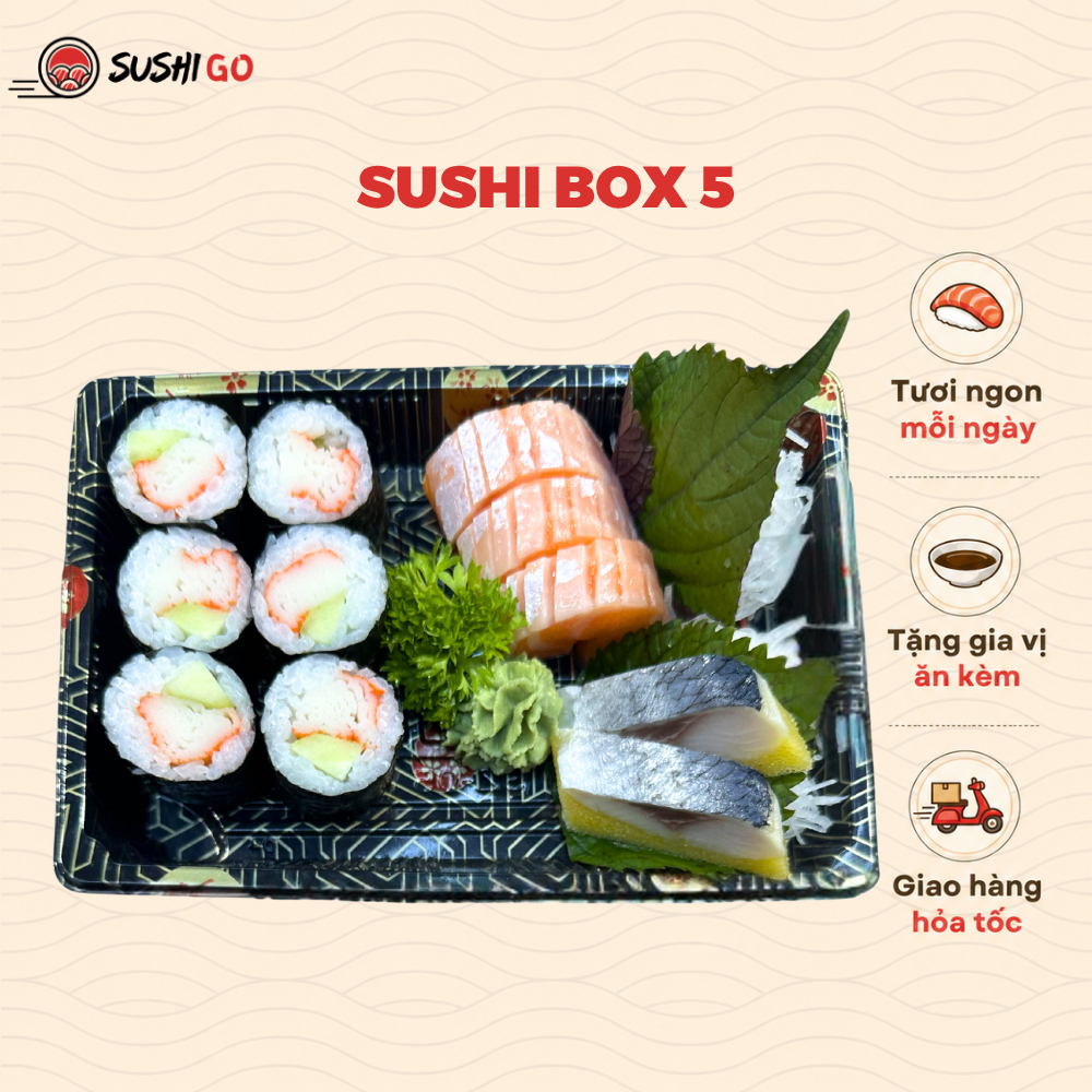[Hỏa tốc Hà Nội] Sushi Box 5 - Hoso thanh cua, sashimi cá hồi & sashimi cá trích ép trứng - Sushi Go