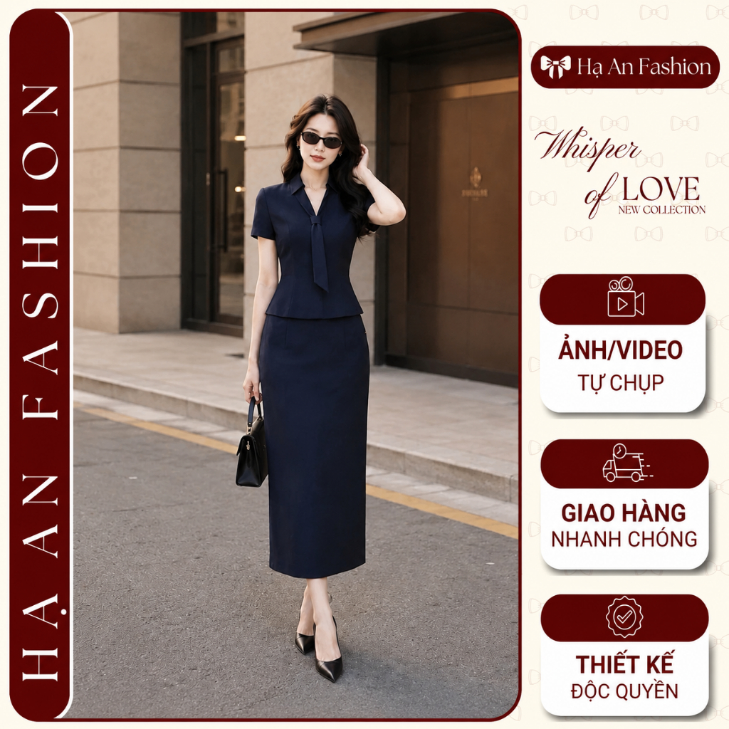 [260511] Set Bộ Công Sở Nữ Cao Cấp Áo Cổ Vest Thắt Nơ Tôn Eo Chân Váy Dài Ôm Suông Xanh Navy