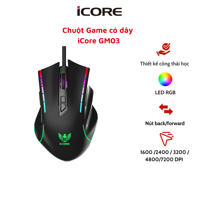 Chuột Game Có Dây iCore GM03 - LED 7 Màu, DPI 7200, Giá Tốt - HÀNG CHÍNH HÃNG