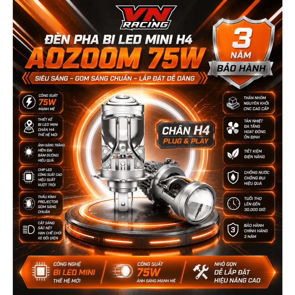 Đèn Bi Led Mini H4 AOZOOM Công Suất 40W Cos 75W Pha, Bi Led Chân H4 Aozoom Lắp Ô Tô Xe Máy BH 3 Năm