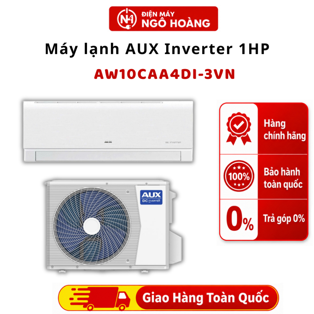 AW10CAA4DI-3VN - Máy lạnh AUX Inverter 1HP AW10CAA4DI-3VN 9000BTU, điều hòa làm lạnh nhanh vận hành 