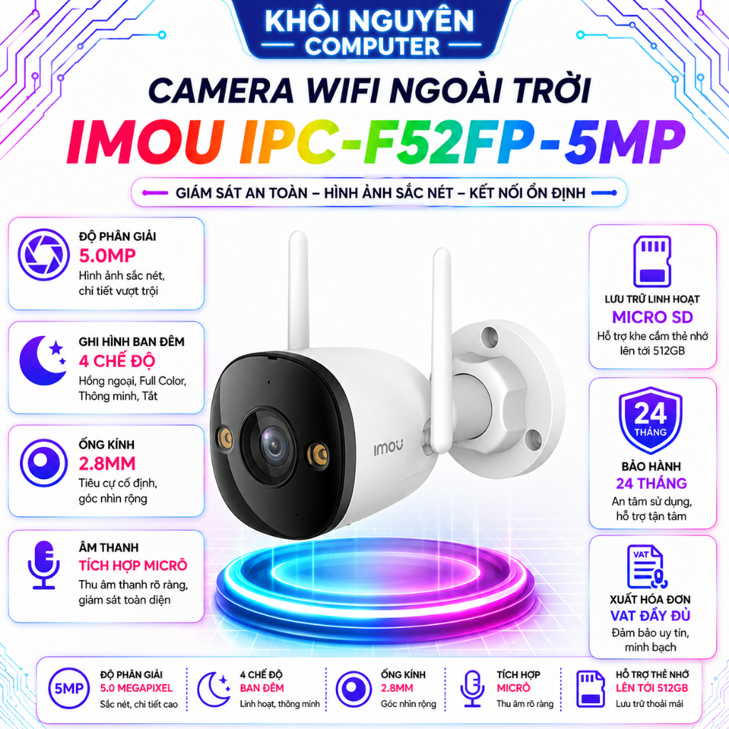 Camera IMOU IPC-F52FP 5MP 3K WiFi Ngoài Trời Full Color Bullet 2E 2 Anten Thông Minh