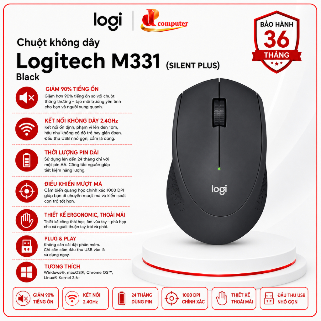 Chuột Không Dây Logitech M331 Silent Plus Black Chính Hãng - Giảm 90% Tiếng Ồn, 1000 DPI, Bảo Hành 3