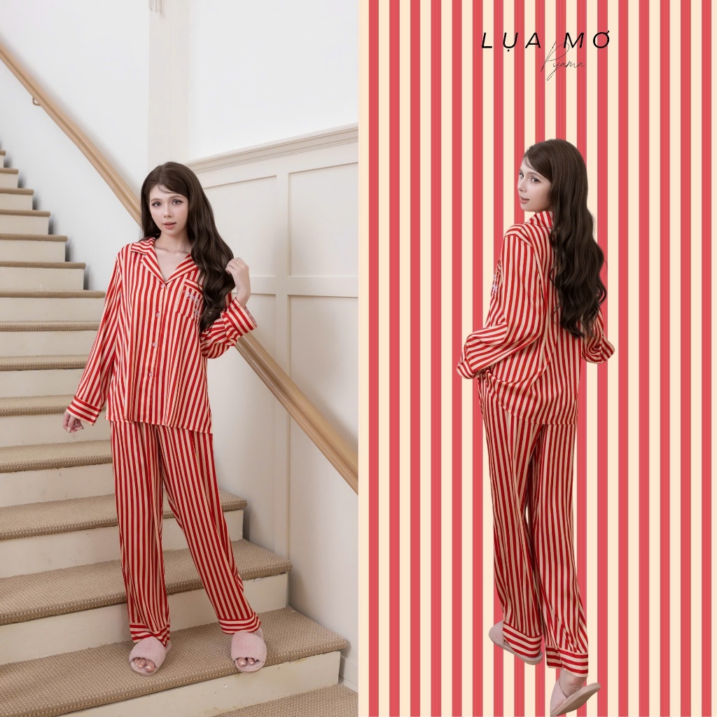 Pijama Tiểu Thư Form Truyền Thống Túi Barbie Sọc Hồng Vải Lụa Latin Cao Cấp - Đồ bộ Lụa Mơ LM218