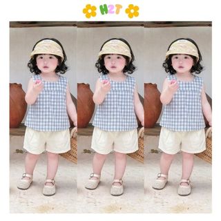 Set đồ bé gái áo kẻ sát nách nở lưng kèm quần short trắng cho bé đi chơi đi học dễ thương H2T baby kids - M60