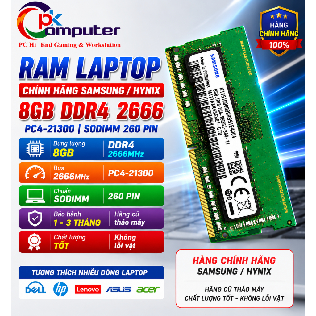 📌 RAM Laptop Chính Hãng Samsung / SK Hynix 8GB DDR4 Bus 2666MHz (PC4-21300)