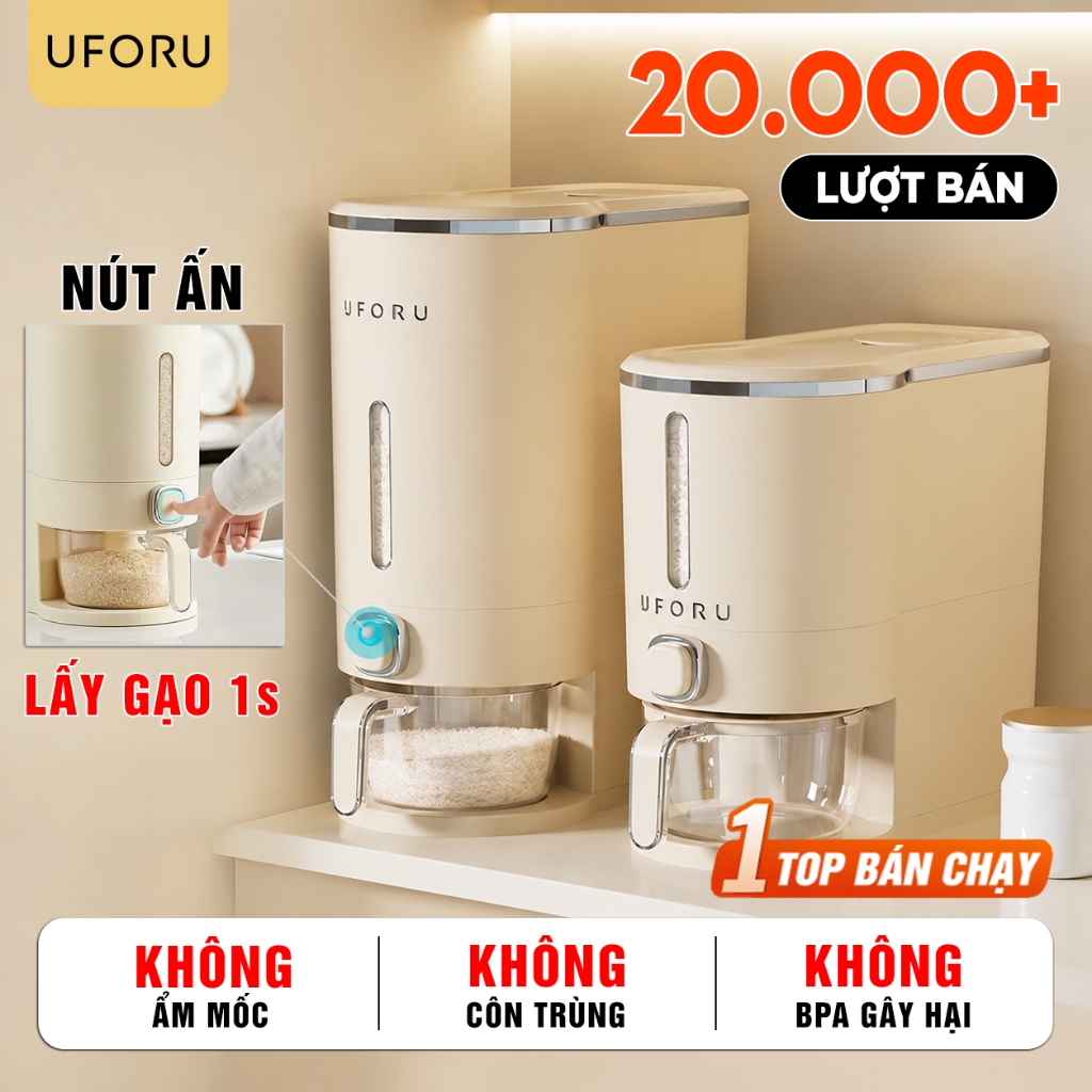 Thùng đựng gạo 5kg 10kg UFORU chống ẩm thông minh nút ấn lấy gạo tự động chất liệu nhựa ABS cao cấp 