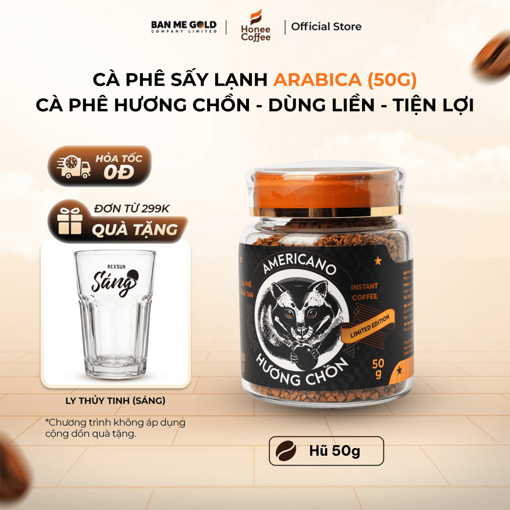 [TẶNG LY] Cà phê sấy lạnh từ cà phê arabica - cafe sấy lạnh (50g) cà phê hoà tan dùng liền - Chính h