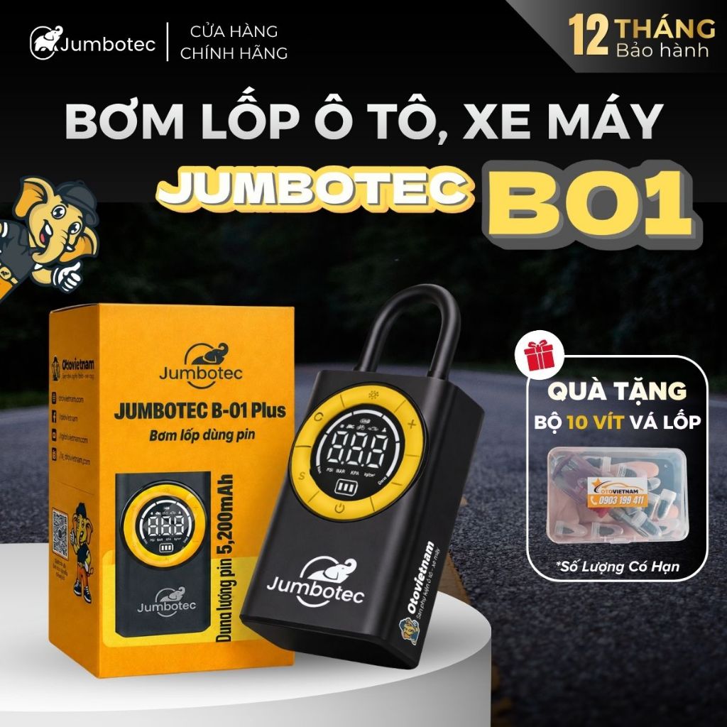 🚗 Bơm Lốp Dự Phòng Mini Jumbotec B01 PLUS – Pin 5200mAh, Tự Ngắt, Bảo Hành 12 Tháng