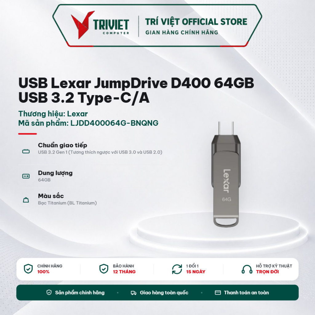 USB Lexar JumpDrive D400 64GB USB 3.2 Type-C/A – Tốc Độ 130MB/s Titanium (LJDD400064G-BNQNG) 2 Cổng 