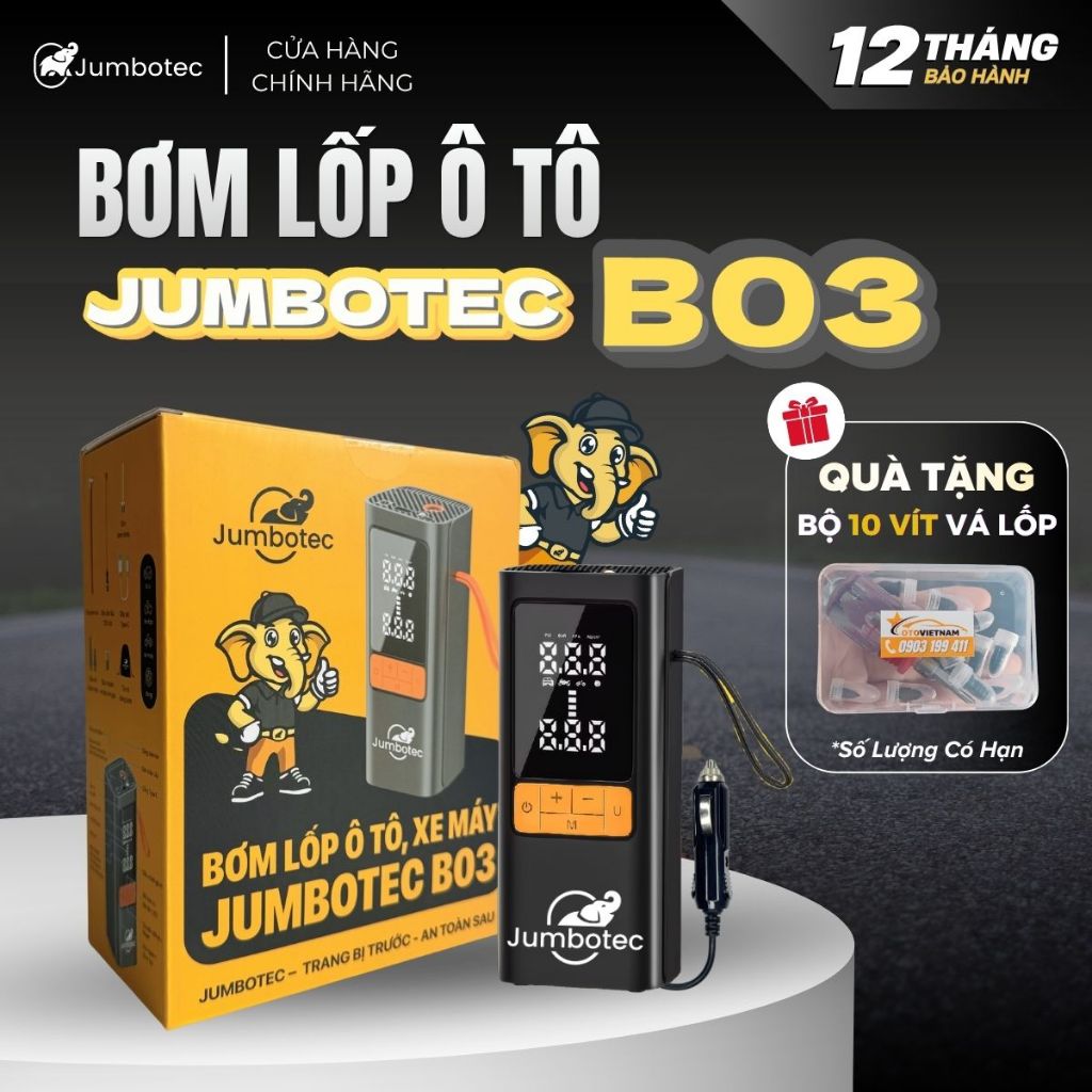 Bơm Lốp Thông Minh Đa Năng Jumbotec B03: Pin 6000mAh & Tẩu 12V, Dùng Tiện Lợi Cho Ô Tô, Xe Máy