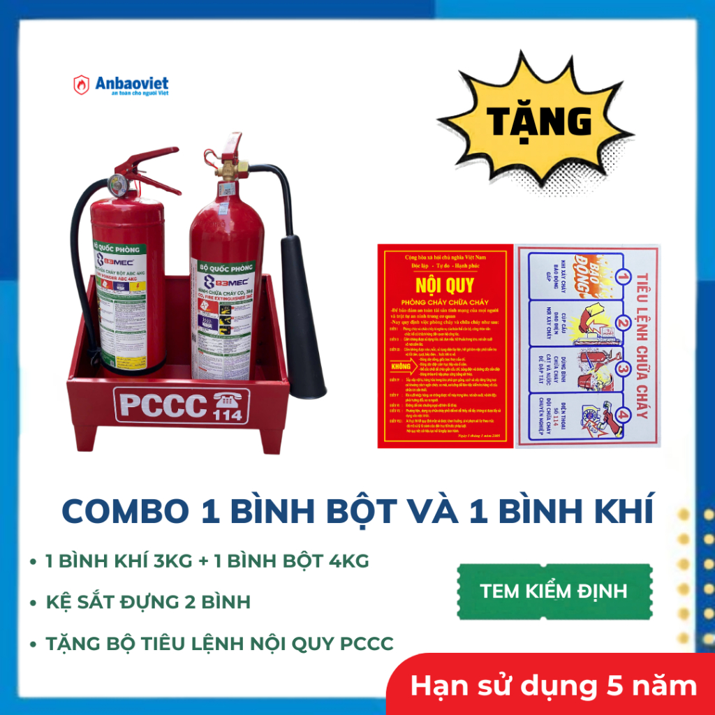 Combo 02 bình chữa cháy có tem kiểm định 83MEC-Bộ QP gồm: 1 bình bột, 1 bình khí, kệ đựng, tiêu lệnh
