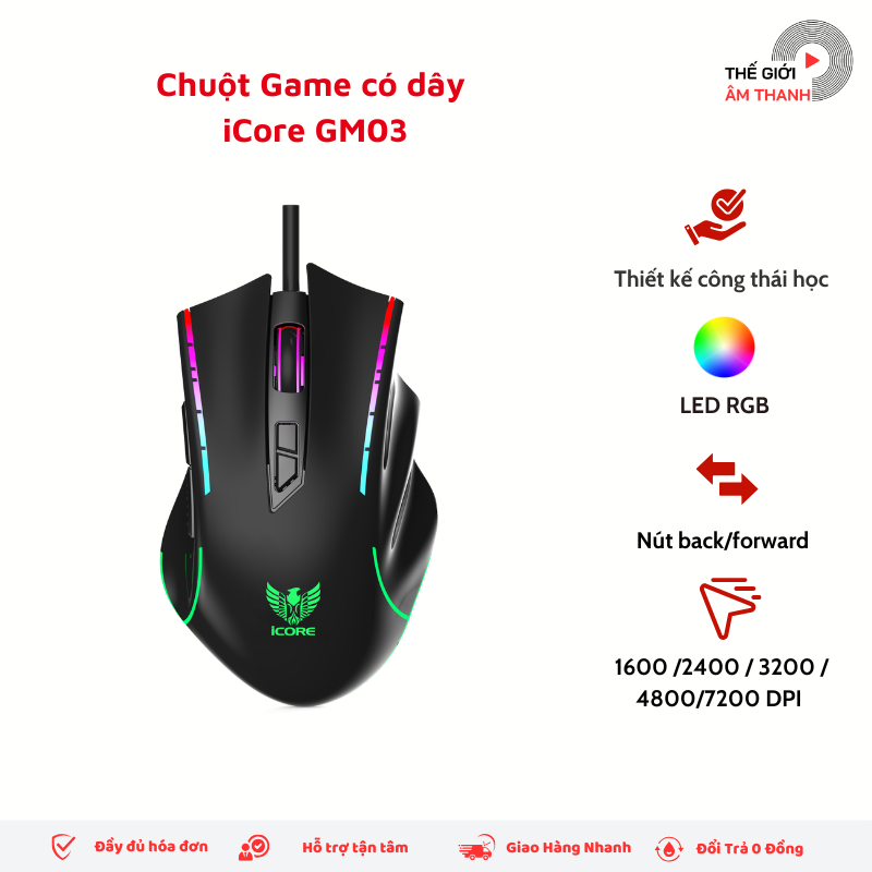 Chuột Game Có Dây iCore GM03 - LED 7 Màu, DPI 7200, Giá Tốt - THẾ GIỚI ÂM THANH