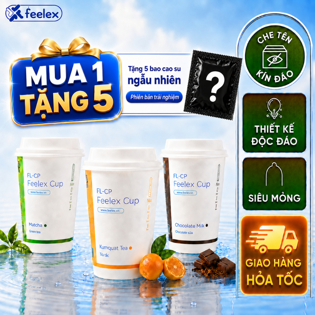Bao cao su Feelex Cup dạng cốc độc lạ siêu mỏng, hương Matcha, Coffee, Chocolate Milk, nhiều gel bôi