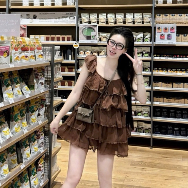 Đầm Nữ Tay Phồng Cột Nơ Ở Vai đầm voan lụa chéo