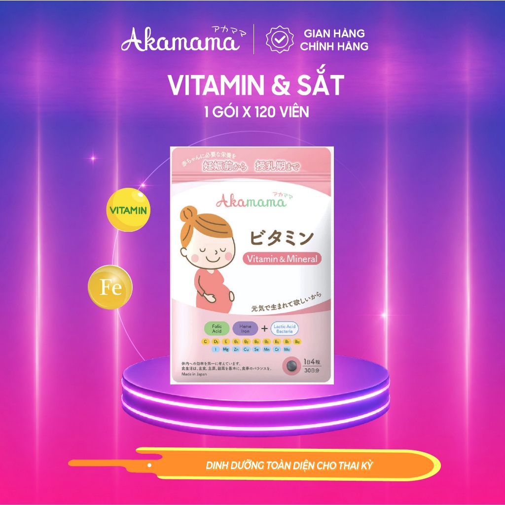 SẮT & VITAMIN tổng hợp cho bà bầu Akamama - Nhật Bản, hỗ trợ tiêu hoá - 120 viên