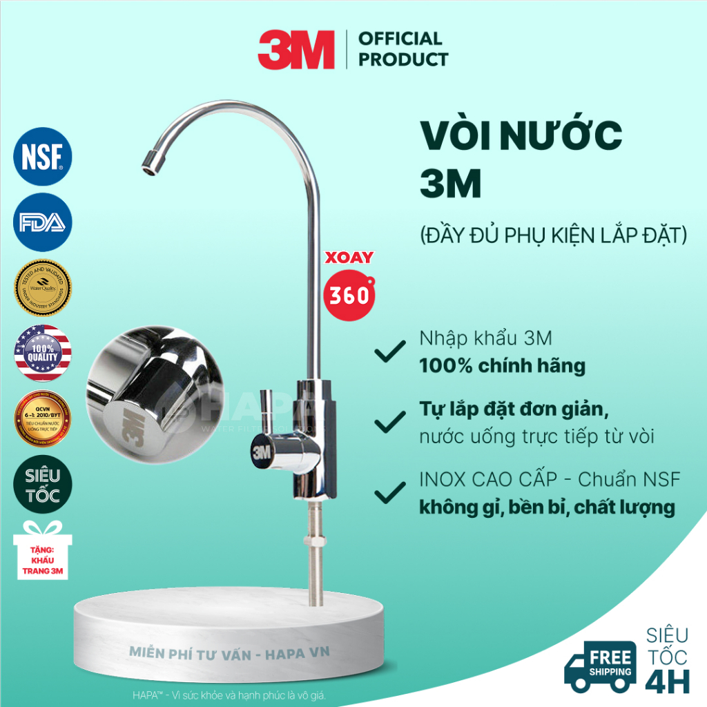 Vòi Nước Uống 3M Cao Cấp, Đầy Đủ Phụ Kiện, Có thể tự lắp đặt đơn giản - Hàng Chính Hãng 3M