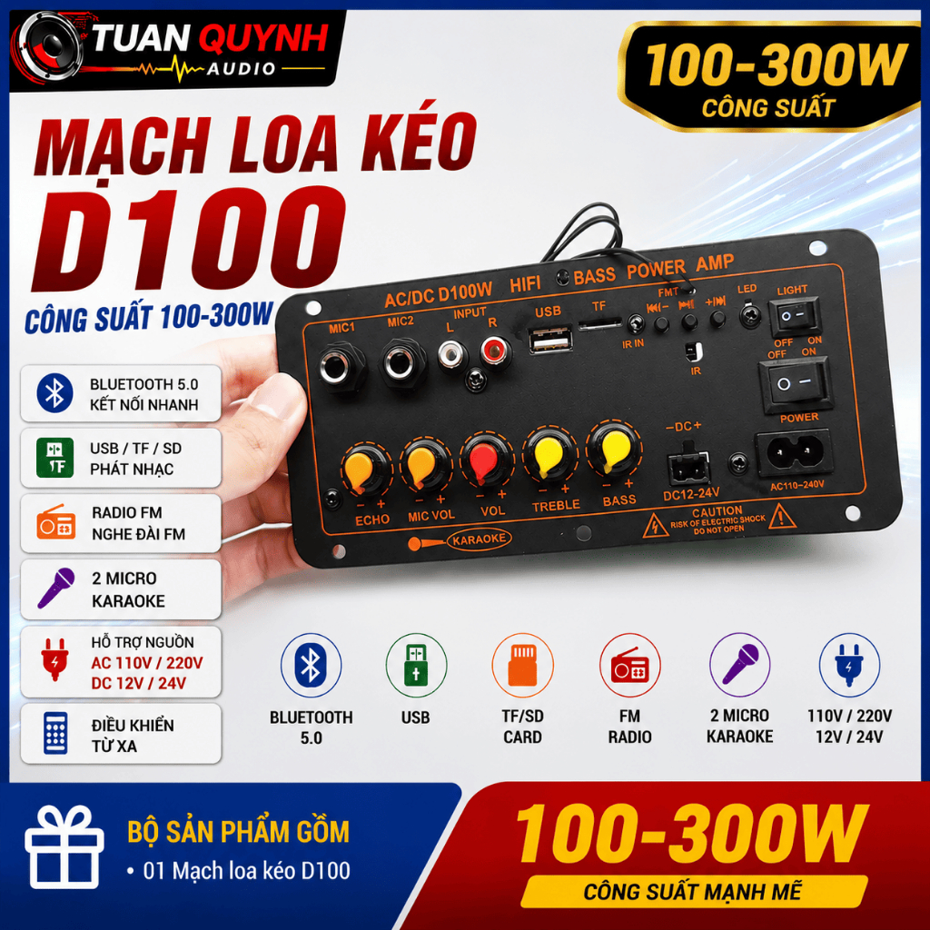 Mạch loa D100 hát Karaoke Bluetooth 5.0 - 300W, có cổng cắm mạch mic không dây, 12V/24V/220V (Tặng k