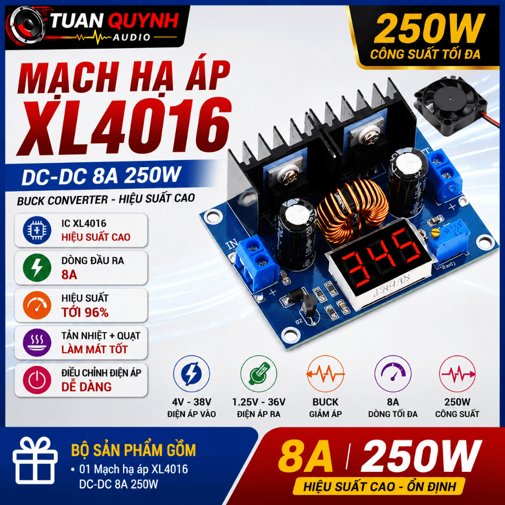 Mạch Hạ Áp XL4016 DC-DC 8A 250W – Nguồn Giảm Áp Điều Chỉnh Đầu Ra 1.25-36V