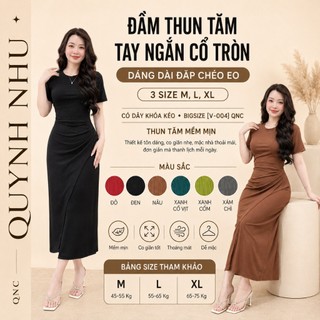 Đầm Thun Tăm Tay Ngắn Cổ Tròn Dáng Dài Đắp Chéo Eo 3 Size M,L,XL (Có dây khóa kéo) Mặc Nhà Giá Rẻ Bigsize [V-004] QNC