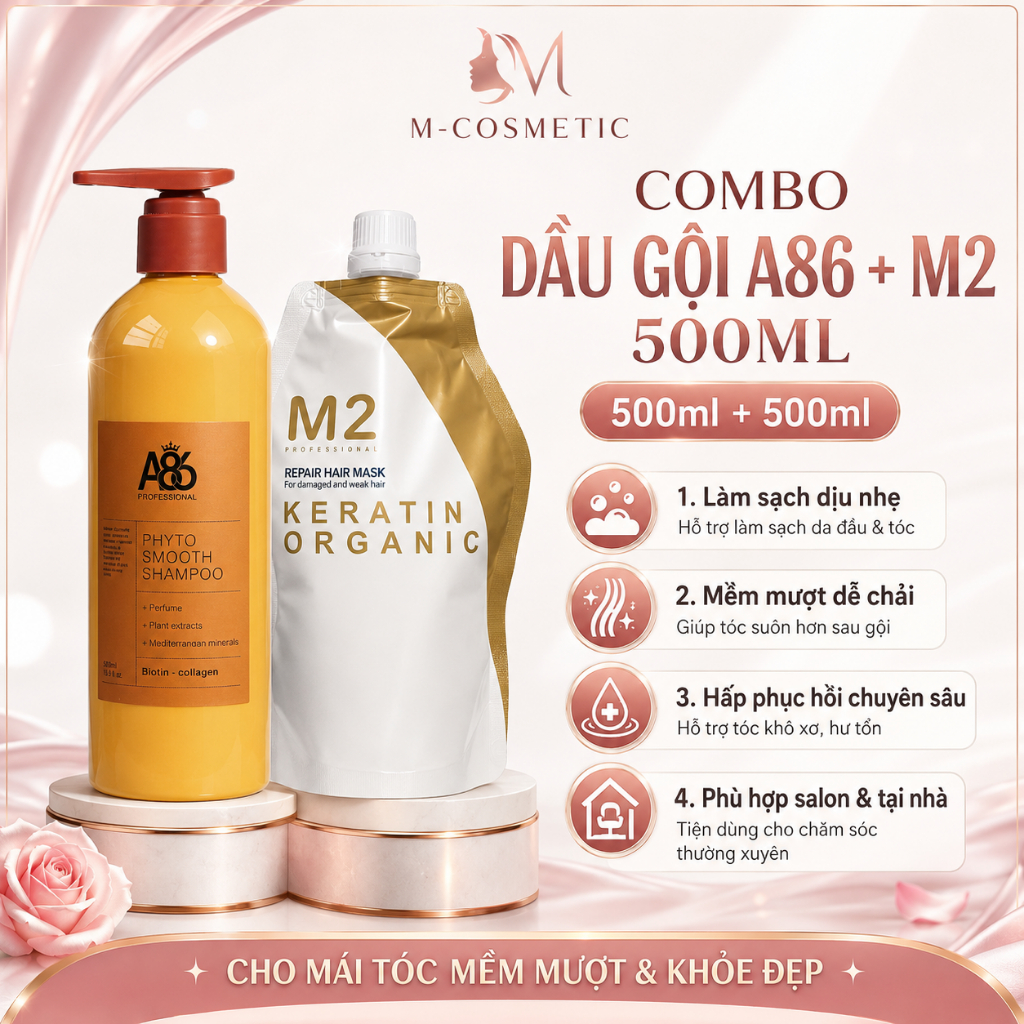 Combo tiết kiệm kem ủ tóc M2 Keratin dầu gội đầu A86 phục hồi tóc hiệu quả tại nhà