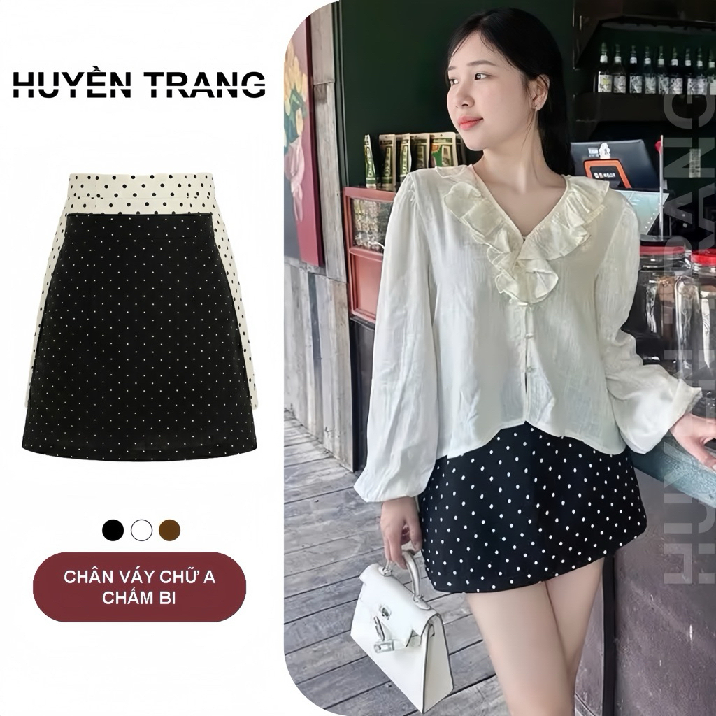 Chân Váy Chấm Bi Chữ A Khóa Kéo Cạp Cao Có Quần Bảo Hộ 2 Phong Cách Hàn Quốc M081