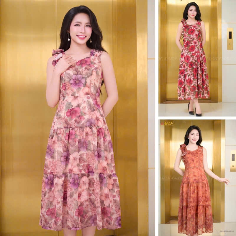 Đầm xòe nữ 2 dây hoa cao cấp GDA COLLECTION chất cát lụa mềm mịn, nhẹ, thoáng mát, co dãn nhẹ, không