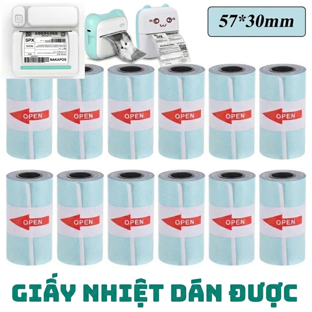 [COMBO 10 CUỘN] Giấy in nhiệt K57 dài liên tục K57x30 có lớp keo dán dùng cho các máy in bluetooth P