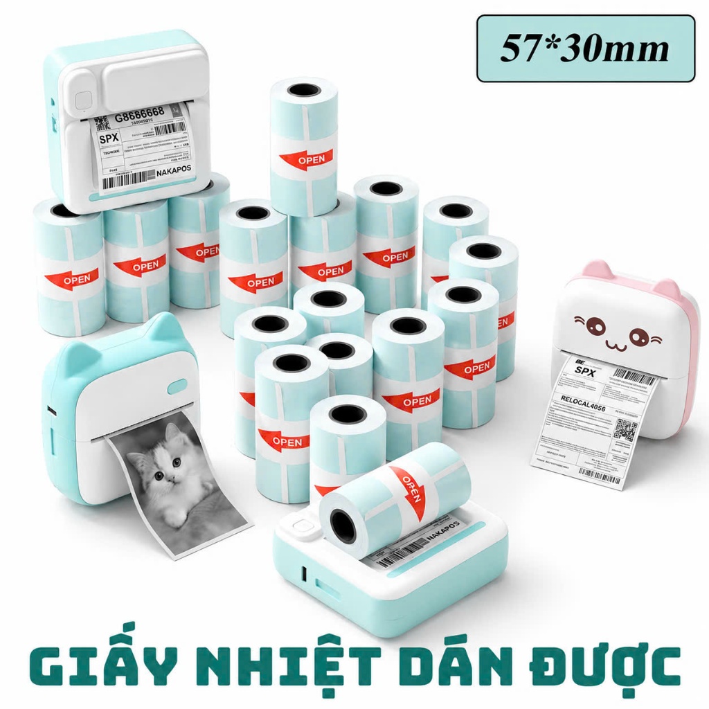Giấy in nhiệt dán được K57*30 in máy Mini Printer K57x30 con mèo PT210 Paperang P1 P2 Peripage in đơ