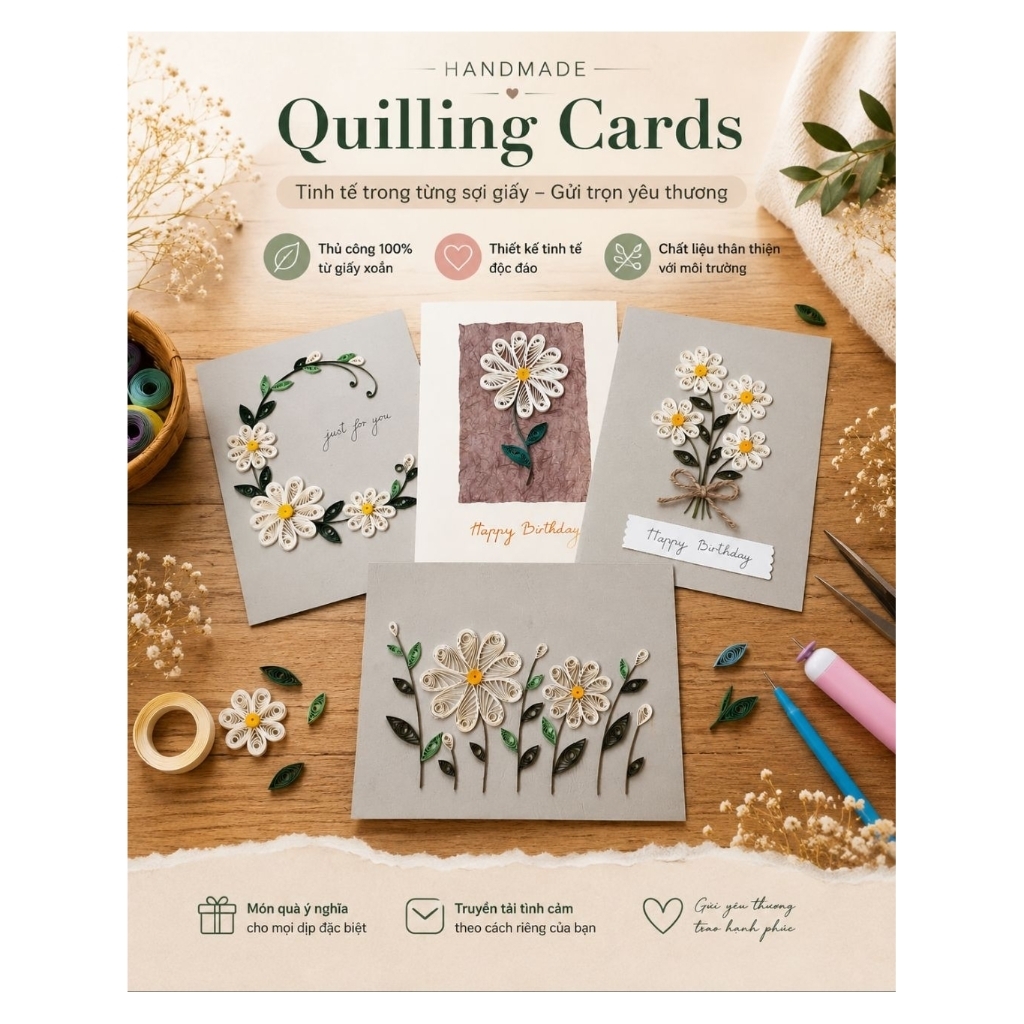 Thiệp quilling giấy xoắn handmade A5 – nhận làm theo tên – Bộ sưu tập hoa cúc - Quilling daisy card 