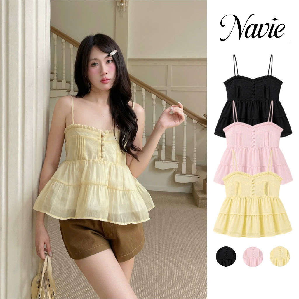 NAVIE X KURV (CÓ BIGSIZE ) -  Áo babydoll hai dây nhún bèo phối 5 cúc thời trang nữ | BigBuy360 - bigbuy360.vn